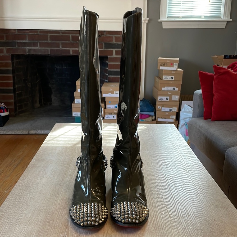 Christian Louboutin Olive Green Patent Leather Studded Knee Boots - Picture 3 of 12